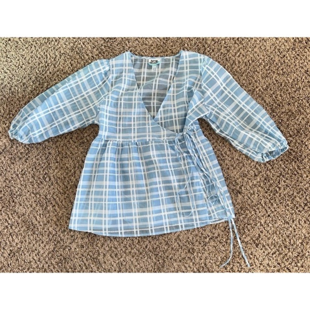 Future Collective women's blue/white plaid sheer wrap blouse‎ size medium